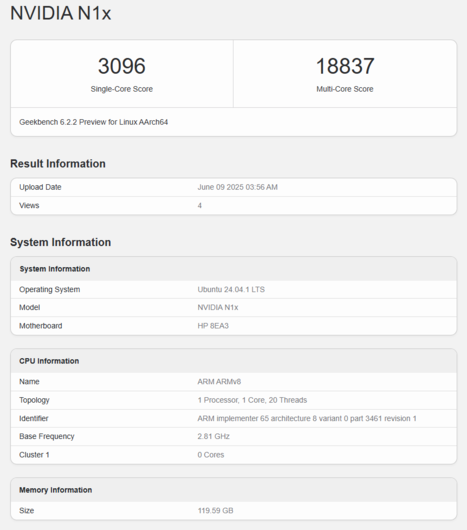 Zestawienie Geekbench Nvidia N1X (źródło obrazu: Geekbench)