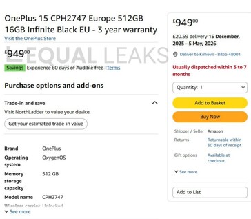OnePlus 15 w Amazon UK (źródło obrazu: Equal Leaks)
