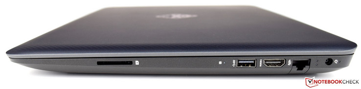 prawy bok: czytnik kart pamięci, USB 3.0, HDMI, LAN, gniazdo zasilania