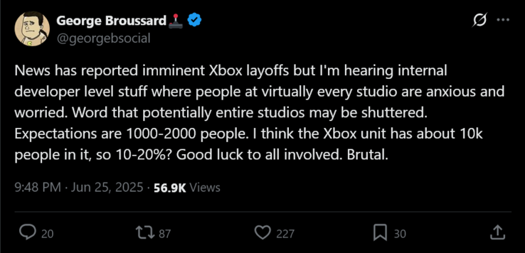 George Broussard - plotka o zwolnieniach w Xbox (źródło obrazu: zrzut ekranu, konto George Broussard X)