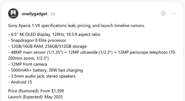 Przypuszczalna specyfikacja Sony Xperia 1 VII. (Źródło obrazu: oneilygadget)