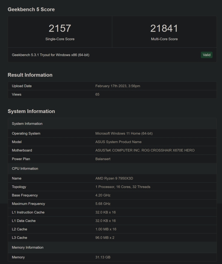 AMD Ryzen 9 7950X3D w Geekbench (zdjęcie via Geekbench)