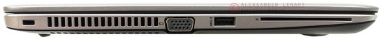 lewy bok: zaczep na linkę blokady Kensingtona, otwory wentylacyjne, VGA/D-Sub, USB 3.0+, czytnik kart inteligentnych (SmartCard)