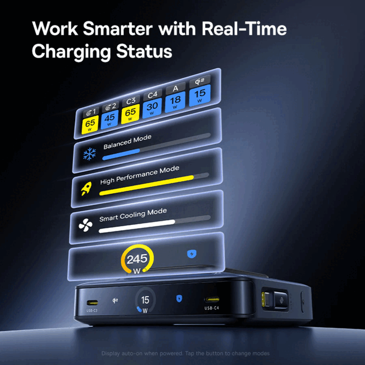 Biurkowa stacja ładująca Baseus Nomos NH21 6 w 1 GaN wyposażona jest w 3-calowy wyświetlacz LCD (źródło obrazu: Baseus)