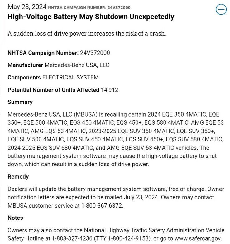 Powiadomienie o wycofaniu Mercedes-Benz. (Źródło: NHTSA)