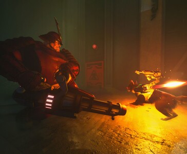 Agent T.H.U.N.D.E.R. walczy z ciężko opancerzonym wrogiem z miotaczem ognia w Barkour, używając zamontowanej zaawansowanej technologicznie broni. (Źródło obrazu: Varsav Game Studios via Steam)