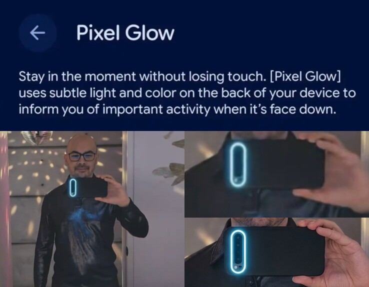 Oryginalne demo wideo Gemini Omni (po lewej) vs zbliżenie edytowane przez sztuczną inteligencję do celów ilustracyjnych (po prawej). Wyciekły zrzut ekranu ustawień Pixel Glow (u góry).