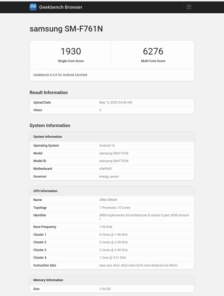 Galaxy Lista Geekbench Z Flip FE (źródło obrazu: Abhishek Yadav na X)