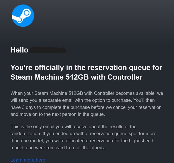 E-mail dotyczący rezerwacji konsoli Steam Machine.