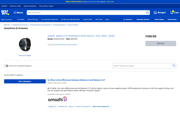 Zrzut ekranu oficjalnej odpowiedzi zespołu Amazfit na temat różnicy między Amazfit Balance 2 XT a Balance 2. (Źródło obrazu: Best Buy)