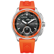 Zdjęcie produktu Citizen Promaster Wave Tracker JV3000-13E z pomarańczowym gumowym paskiem, pomarańczowym bezelem, czarną tarczą i analogowo-cyfrowym wyświetlaczem czasu regat.