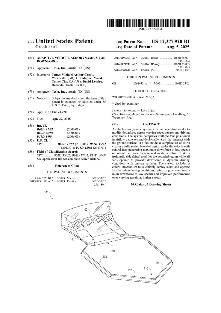 Patent na system aerodynamiczny Tesla Roadster 2. (Źródło zdjęcia: USPTO)