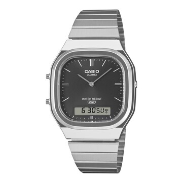 Retro zegarek analogowo-cyfrowy Casio AQ-240E-1A z czarną tarczą o wykończeniu typu „sunburst”, srebrną kopertą i bransoletą ze stali nierdzewnej.