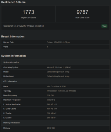 Core Ultra 9 185H Geekbench listing (zdjęcie za pośrednictwem Geekbench)