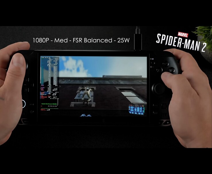 Ręczny komputer do gier GPD Win 5 uruchamiający grę Marvel's Spider-Man 2 w rozdzielczości 1080p na średnich ustawieniach, ze zrównoważonym FSR i TDP 25 W. (Źródło obrazu: ETA PRIME via YouTube)