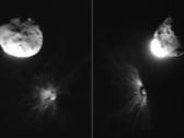 Zdjęcia wykonane przez włoską sondę LICIACube przedstawiające asteroidę po uderzeniu (źródło zdjęcia: NASA, ASI i University of Maryland; przycięte)