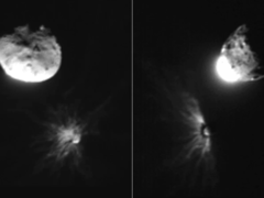 Zdjęcia wykonane przez włoską sondę LICIACube przedstawiające asteroidę po uderzeniu (źródło zdjęcia: NASA, ASI i University of Maryland; przycięte)