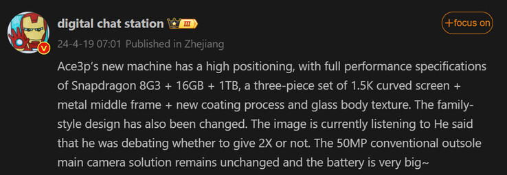 Digital Chat Station udostępnia kluczowe specyfikacje OnePlus Ace 3 Pro (źródło obrazu: Weibo [tłumaczenie maszynowe])