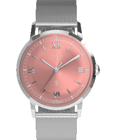 Zegarek Timex x Todd Snyder Marlin Mesh z tarczą w kolorze łososiowym z efektem promieniowania słonecznego oraz bransoletą z siatki ze stali nierdzewnej.