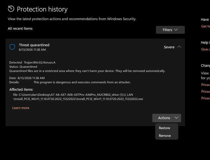 Plik wykonywalny oznaczony przez program Windows Defender