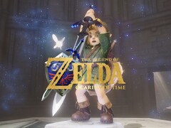 Baner remake’u Zelda: Ocarina of Time przedstawiający Linka trzymającego Master Sword