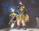 Baner remake’u Zelda: Ocarina of Time przedstawiający Linka trzymającego Master Sword