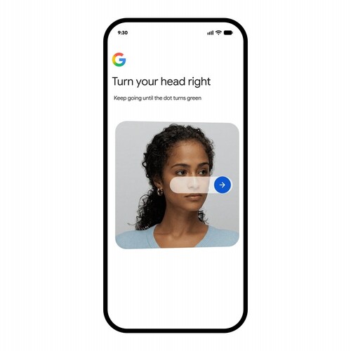 Ekran Google z prośbą skierowaną do użytkownika o odwrócenie głowy w prawo