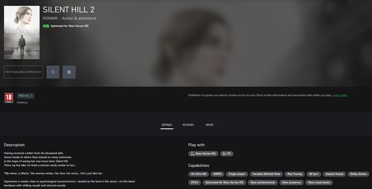 Zrzut ekranu strony gry Silent Hill 2 w sklepie Microsoft Store. (Źródło obrazu: TrueAchievements)