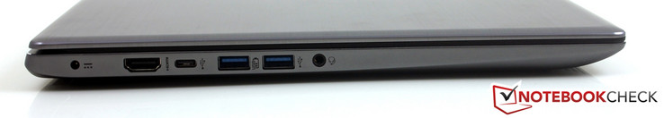 lewy bok: gniazdo zasilania, HDMI, USB typu C, 2 USB 3.0, gniazdo audio