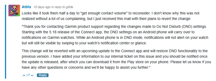 Zrzut ekranu portu na forum Garmin z wiadomością od firmy Garmin. (Źródło obrazu: Garmin Forum)