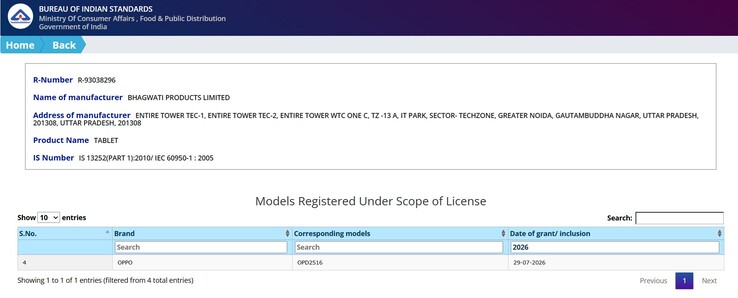 Wpis w bazie BIS dotyczący tabletu marki Oppo o numerze modelu „OPD2516”.