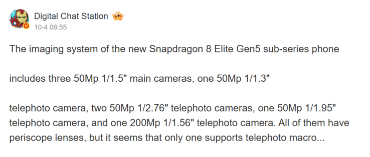 Digital Chat Station udostępnia specyfikacje aparatów nadchodzących flagowych telefonów Snapdragon 8 Elite Gen 5 (źródło obrazu: Weibo - przetłumaczone maszynowo)