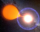 Wizerunek artystyczny przedstawiający nową wysysającą materię ze swojej gwiazdy-gospodarza. (Źródło zdjęcia: K. Ulaczyk, Obserwatorium Uniwersytetu Warszawskiego)