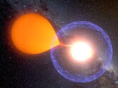 Wizerunek artystyczny przedstawiający nową wysysającą materię ze swojej gwiazdy-gospodarza. (Źródło zdjęcia: K. Ulaczyk, Obserwatorium Uniwersytetu Warszawskiego)