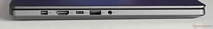 Po lewej: zasilacz, HDMI 2.1, USB-C 4.0 (40 GBit/s, DisplayPort 1.4, Power Delivery), USB-A 3.2 Gen 2 (10 GBit/s), 3,5-mm audio