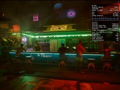 Cyberpunk 2077 działający na macOS 26 Tahoe z włączoną interpolacją klatek MetalFX na MacBooku Pro M1 Max. (Źródło obrazu: Blendlogic Tech na YouTube)