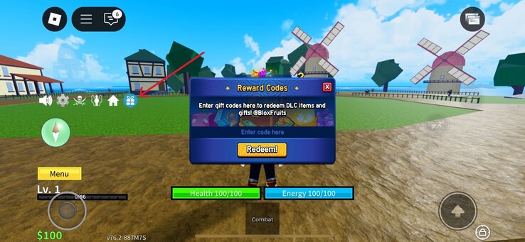 Proszę kliknąć na ikonę prezentu, jak pokazano na obrazku (Źródło obrazka: Roblox)