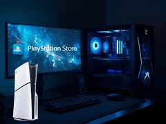 PS5 pokazane obok komputera do gier i monitora z logo PlayStation Store (źródło obrazu: Sony PlayStation z poprawkami)
