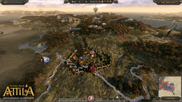 Ilustracja przedstawiająca mapę świata i miasta w grze „Total War: Attila”.