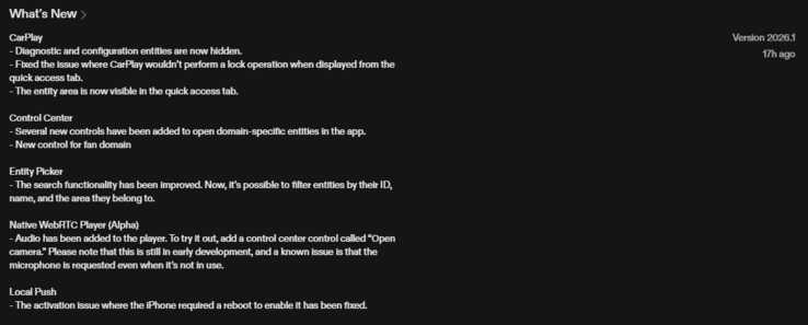 Dziennik zmian dla aplikacji Home Assistant na iOS w wersji 2026.1. (Źródło obrazu: zrzut ekranu z Apple App Store)