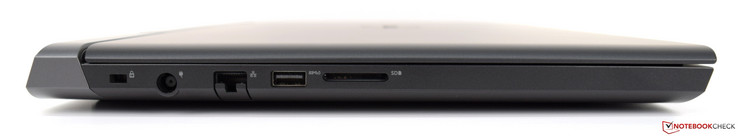 lewy bok: gniazdo blokady Noble Lock, gniazdo zasilania, LAN, USB typu A, czytnik kart pamięci