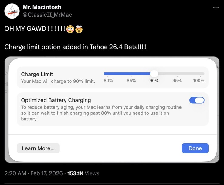 wygląda na to, że macOS 26.4 Tahoe dodał obsługę limitów ładowania.