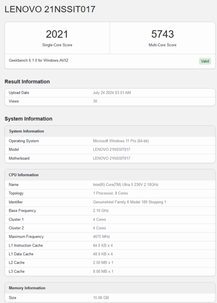 Wynik Intel Core Ultra 5 236V w Geekbench (źródło obrazu: Geekbench)