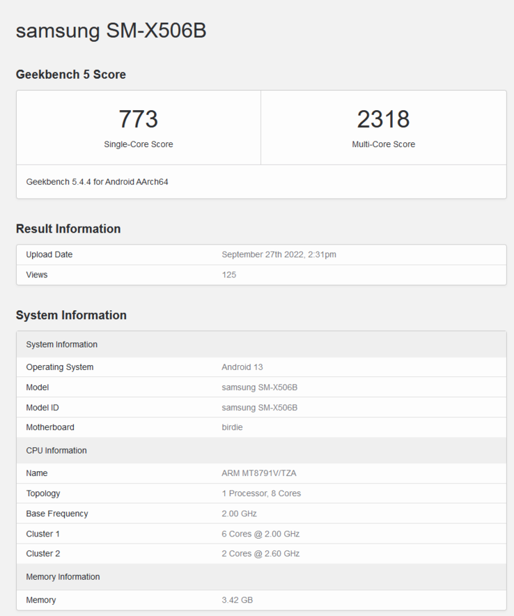 Galaxy Tab S8 FE w Geekbench (image via Geekbench)