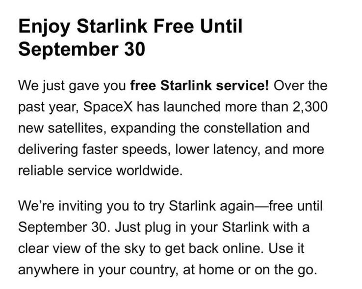 Oferta bezpłatnej subskrypcji Starlink.