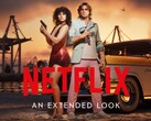Baner promujący rozszerzoną zapowiedź gry GTA 6 na platformie Netflix, przedstawiający Lucię i Jasona