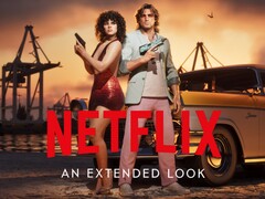 Baner promujący rozszerzoną zapowiedź gry GTA 6 na platformie Netflix, przedstawiający Lucię i Jasona