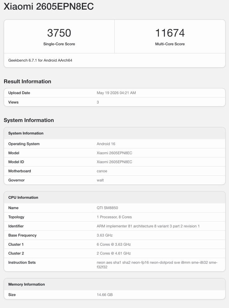Lista Geekbench rzekomego Xiaomi 17 Max.