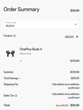 Cena Buds 4 z zastosowanym kodem promocyjnym (źródło zdjęcia: OnePlus)