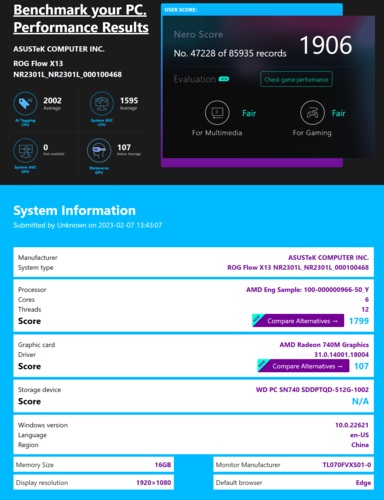 AMD Ryzen 5 7540U z Radeonem 740M w Asusie ROG Flow X13. (Źródło: Nero)